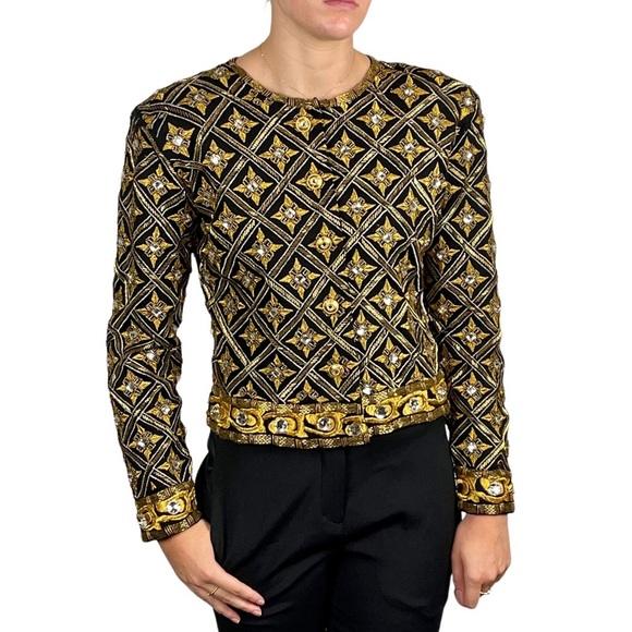 ADRIENNE VITTADINI VINTAGE WOOL BEAD EMBELLISHED EMBROIDERED GOLD EVENING JACKET - Picture 1 of 15